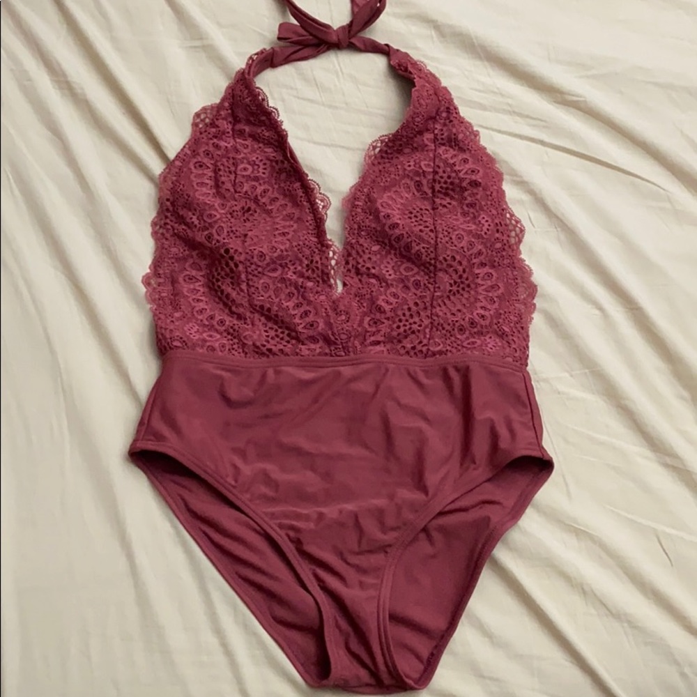 One piece deep V/ open back lace bathing suit